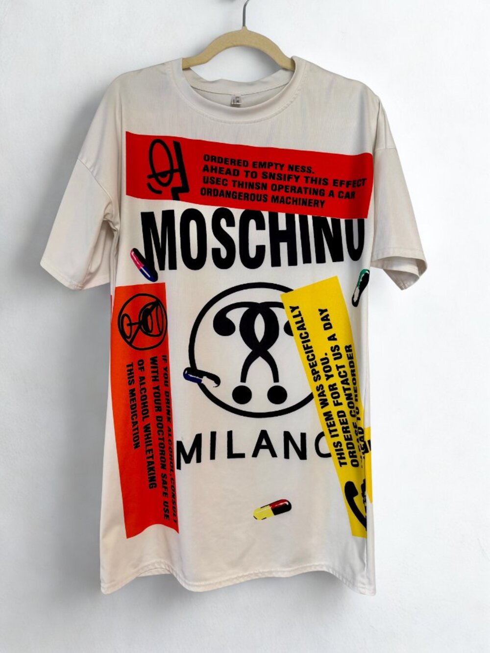 Moschino White Graphic Logo Tee with Red and Yellow Panels